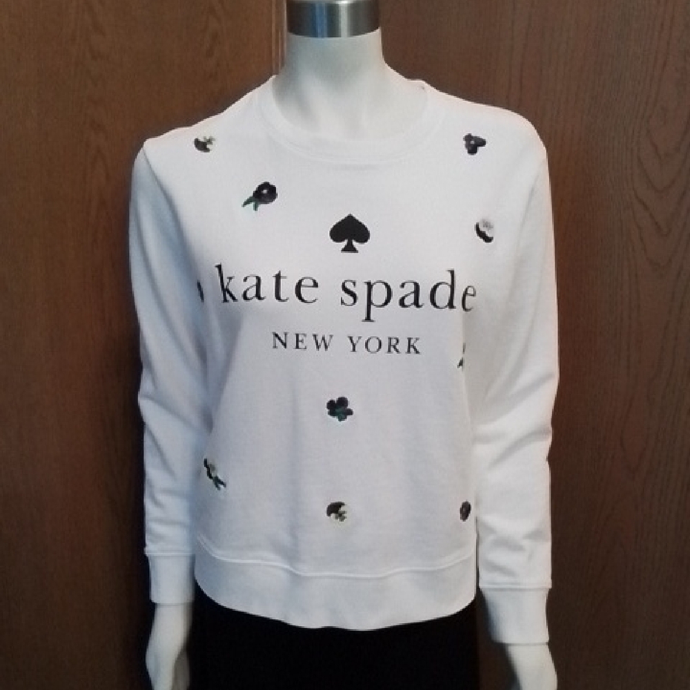 Kate Spade White Sweatshirt, 98% Cotton, with Purple/Yellow Pansies, M.